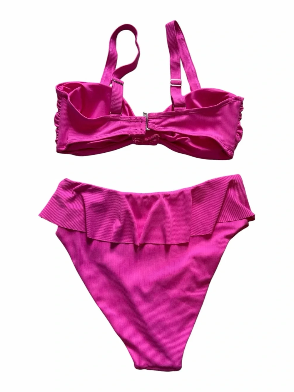 Ribbed Hot Pink Ruffled Two-Piece Swim Bikini Set